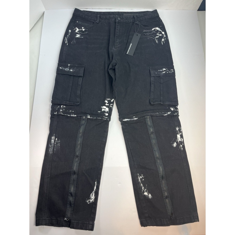 Rockstar Original Cargo Baggy Fit Jeans Black 40x33 Distressed Paint Splatter